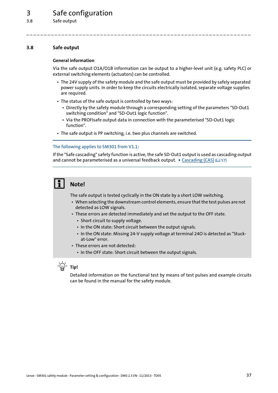 8 safe output, Safe output, 3safe configuration | Lenze E94AYAE SM301 User Manual | Page 37 / 134