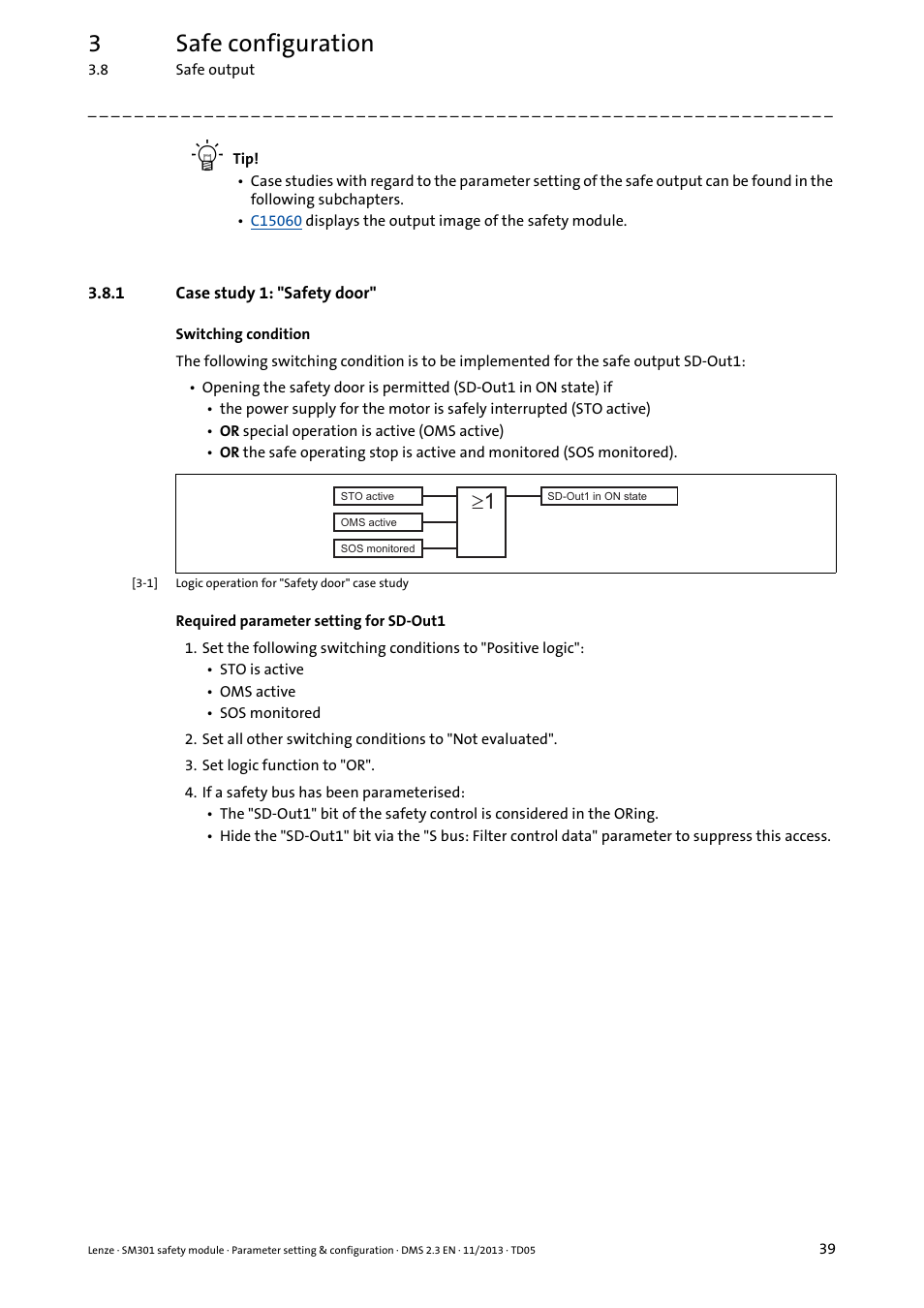 1 case study 1: "safety door, Case study 1: "safety door, 3safe configuration | Lenze E94AYAE SM301 User Manual | Page 39 / 134