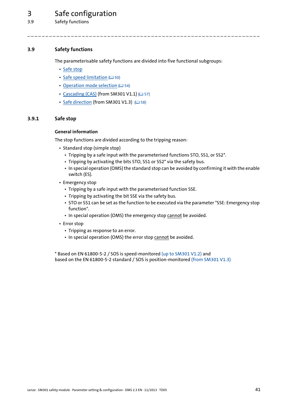 9 safety functions, 1 safe stop, Safety functions | Safe stop, 3safe configuration | Lenze E94AYAE SM301 User Manual | Page 41 / 134