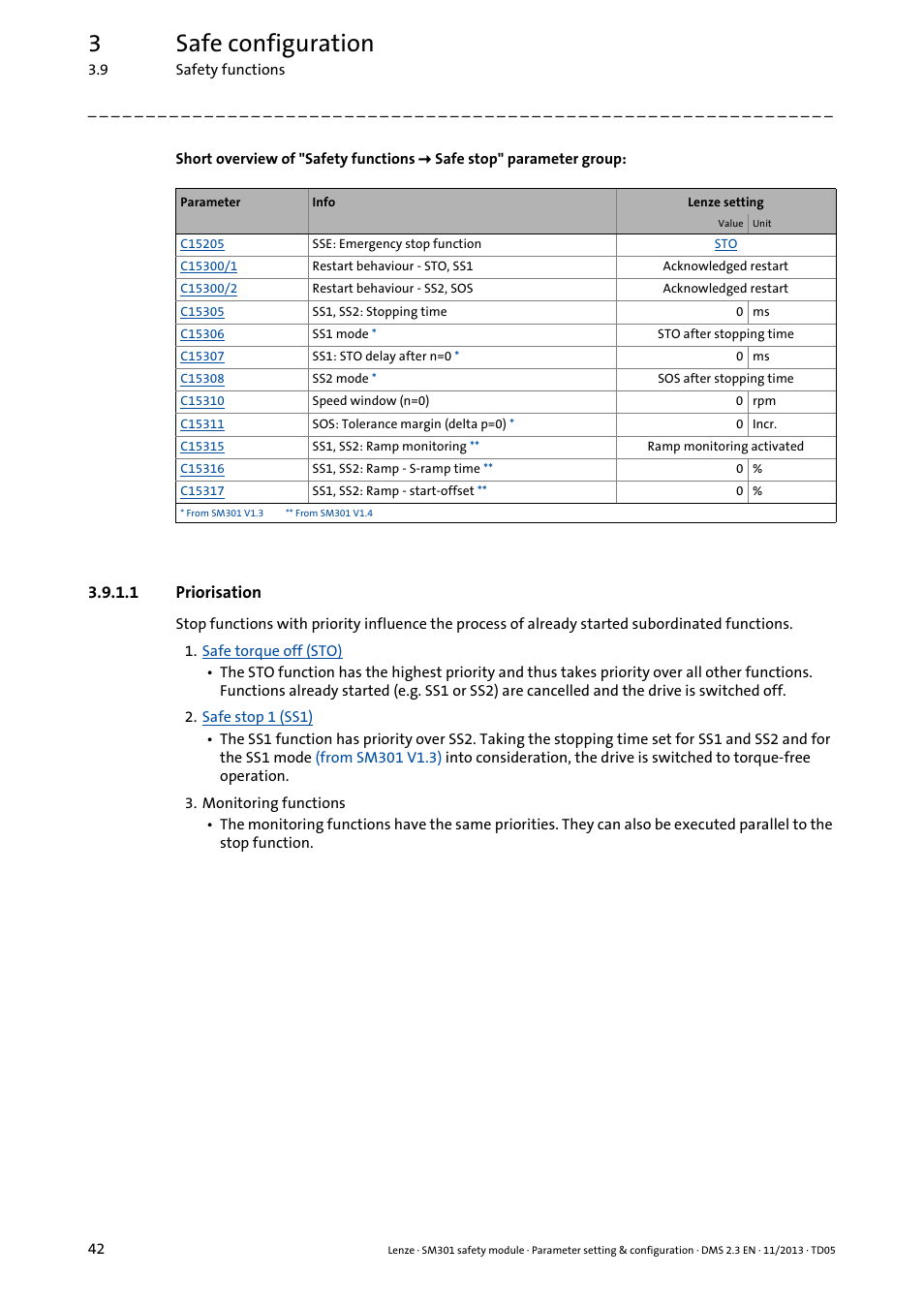 1 priorisation, Priorisation, 3safe configuration | Lenze E94AYAE SM301 User Manual | Page 42 / 134