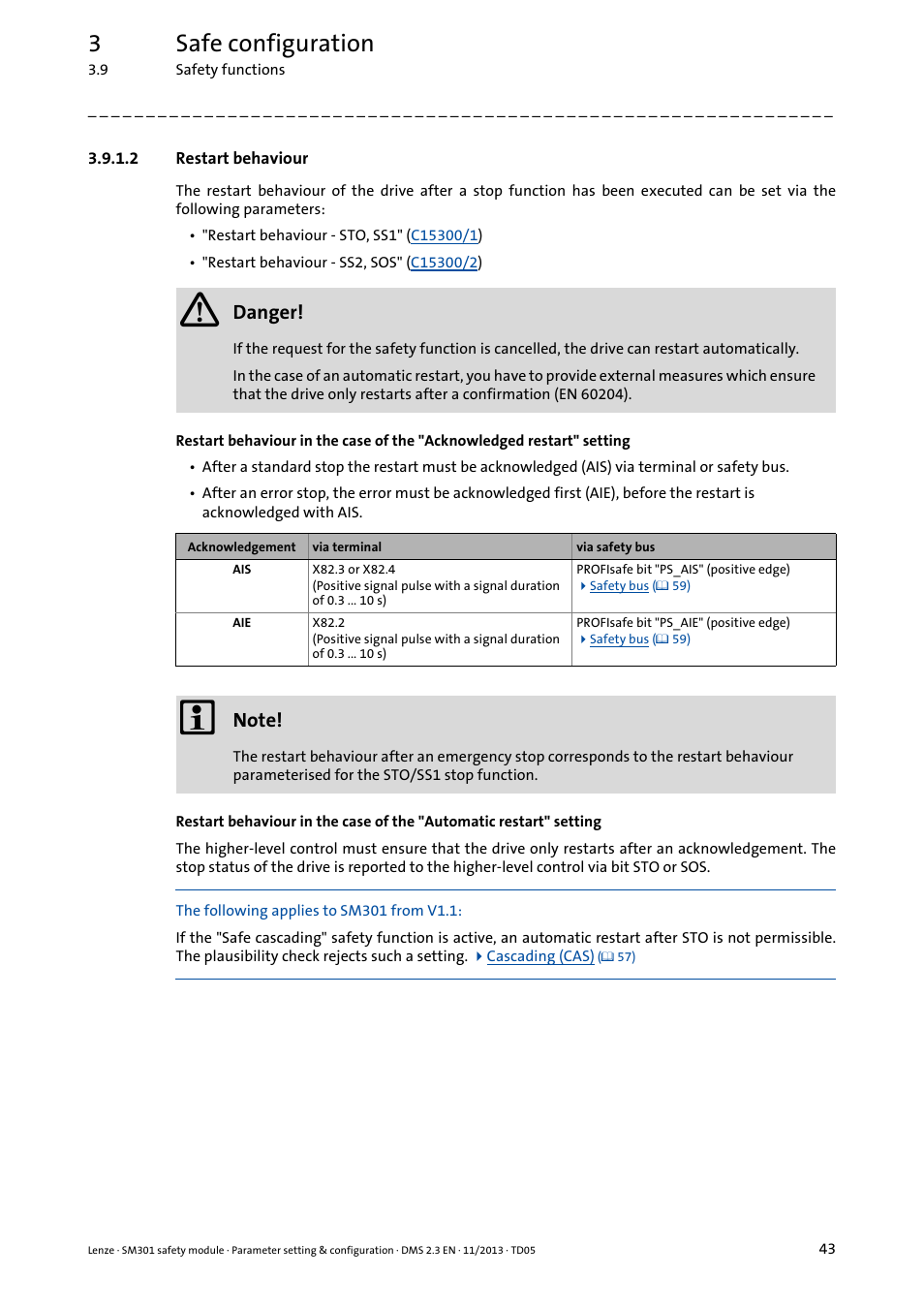 2 restart behaviour, Restart behaviour, 3safe configuration | Danger | Lenze E94AYAE SM301 User Manual | Page 43 / 134