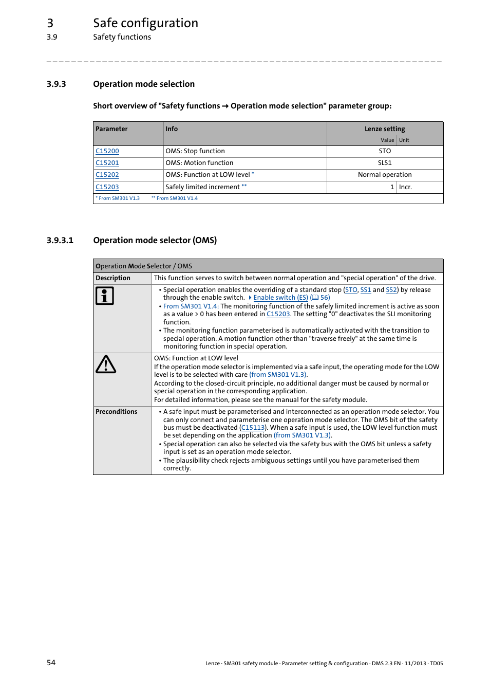 3 operation mode selection, 1 operation mode selector (oms), Operation mode selection | Operation mode selector (oms), 3safe configuration | Lenze E94AYAE SM301 User Manual | Page 54 / 134