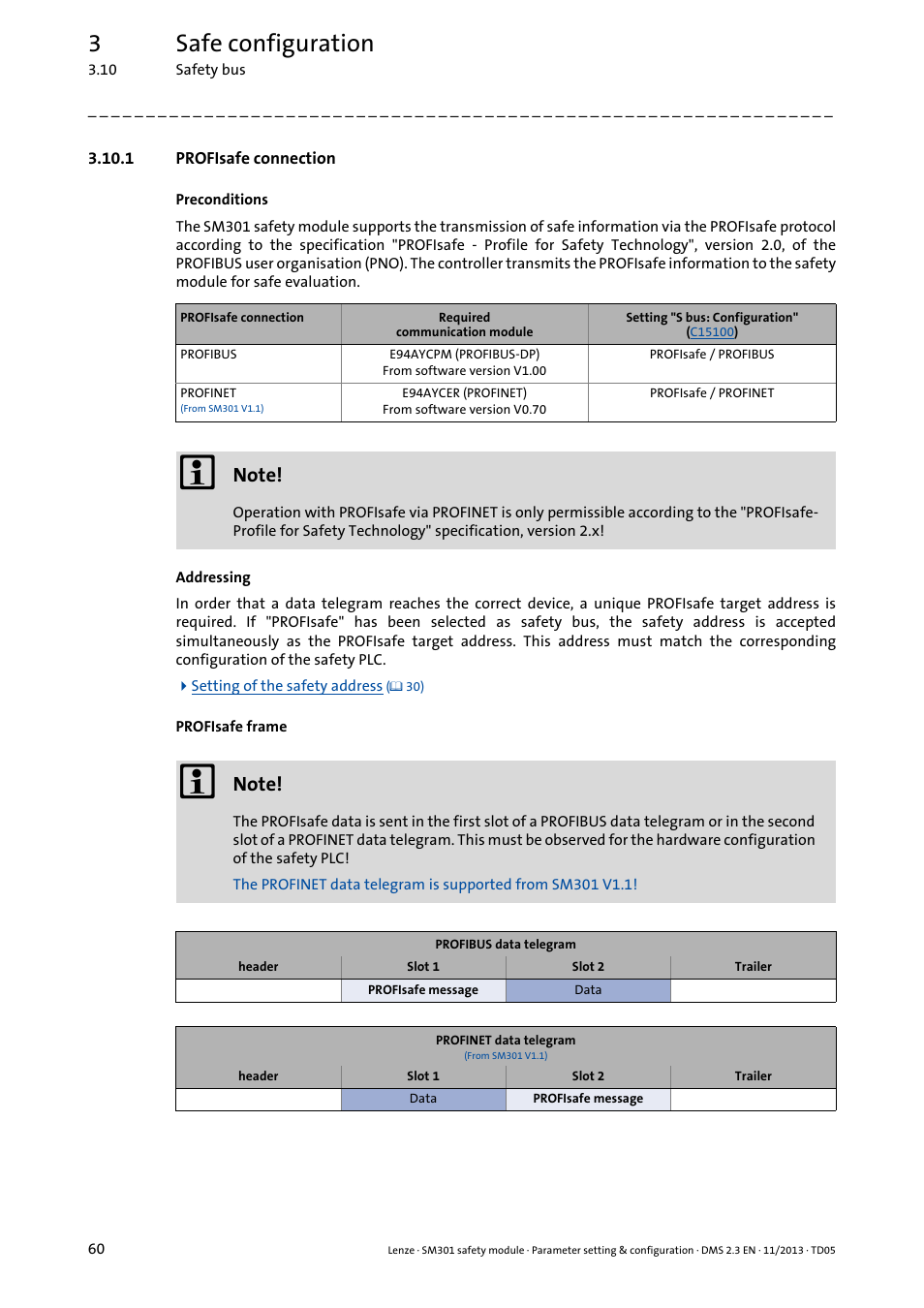 1 profisafe connection, Profisafe connection, 3safe configuration | Lenze E94AYAE SM301 User Manual | Page 60 / 134