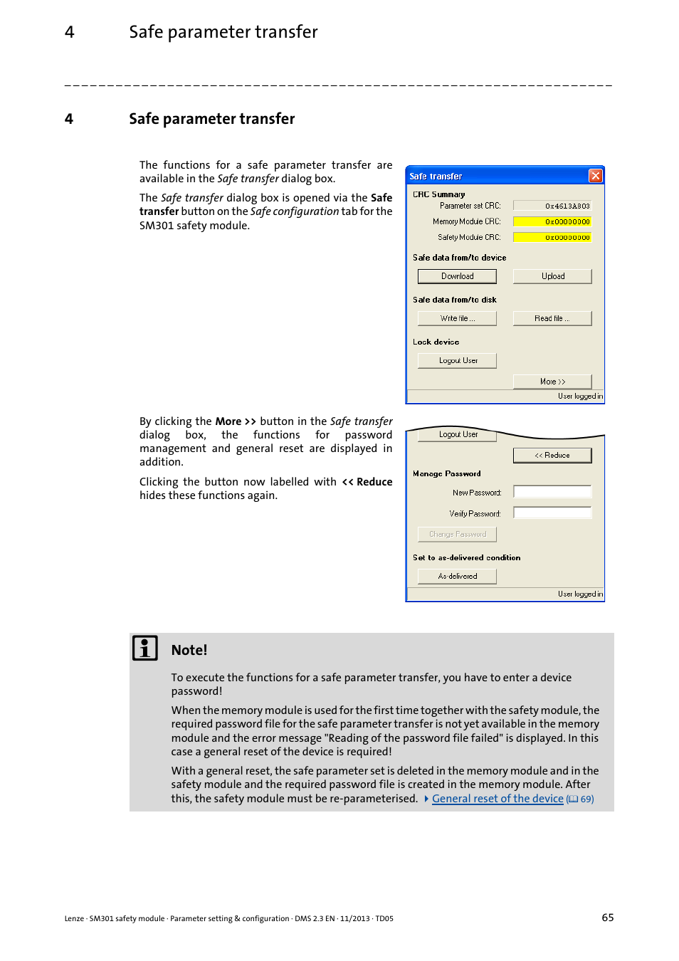 4 safe parameter transfer, Safe parameter transfer, 4safe parameter transfer | Lenze E94AYAE SM301 User Manual | Page 65 / 134