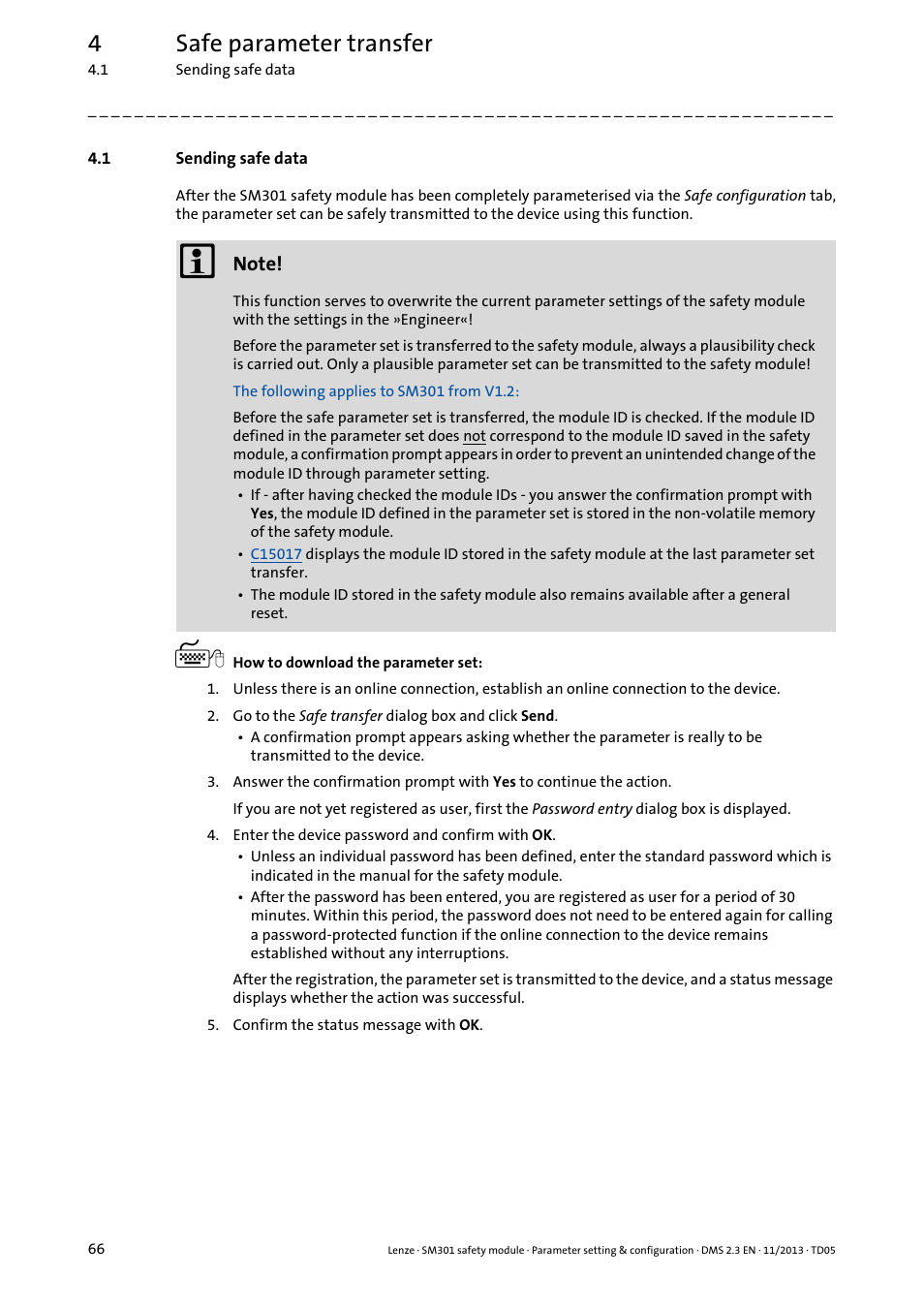 1 sending safe data, Sending safe data, 4safe parameter transfer | Lenze E94AYAE SM301 User Manual | Page 66 / 134