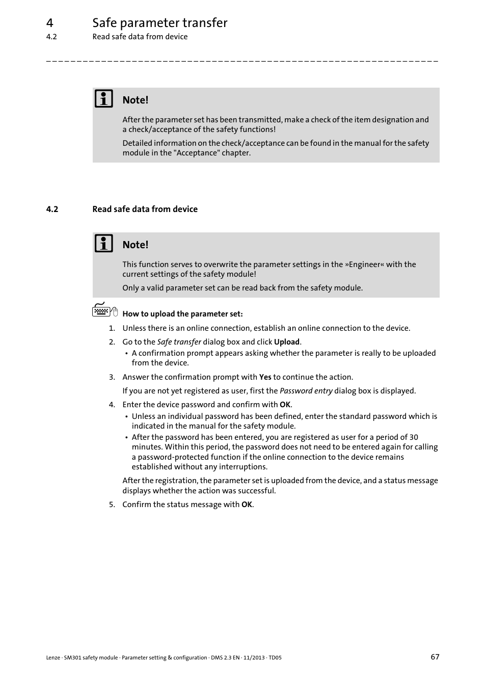 2 read safe data from device, Read safe data from device, 4safe parameter transfer | Lenze E94AYAE SM301 User Manual | Page 67 / 134