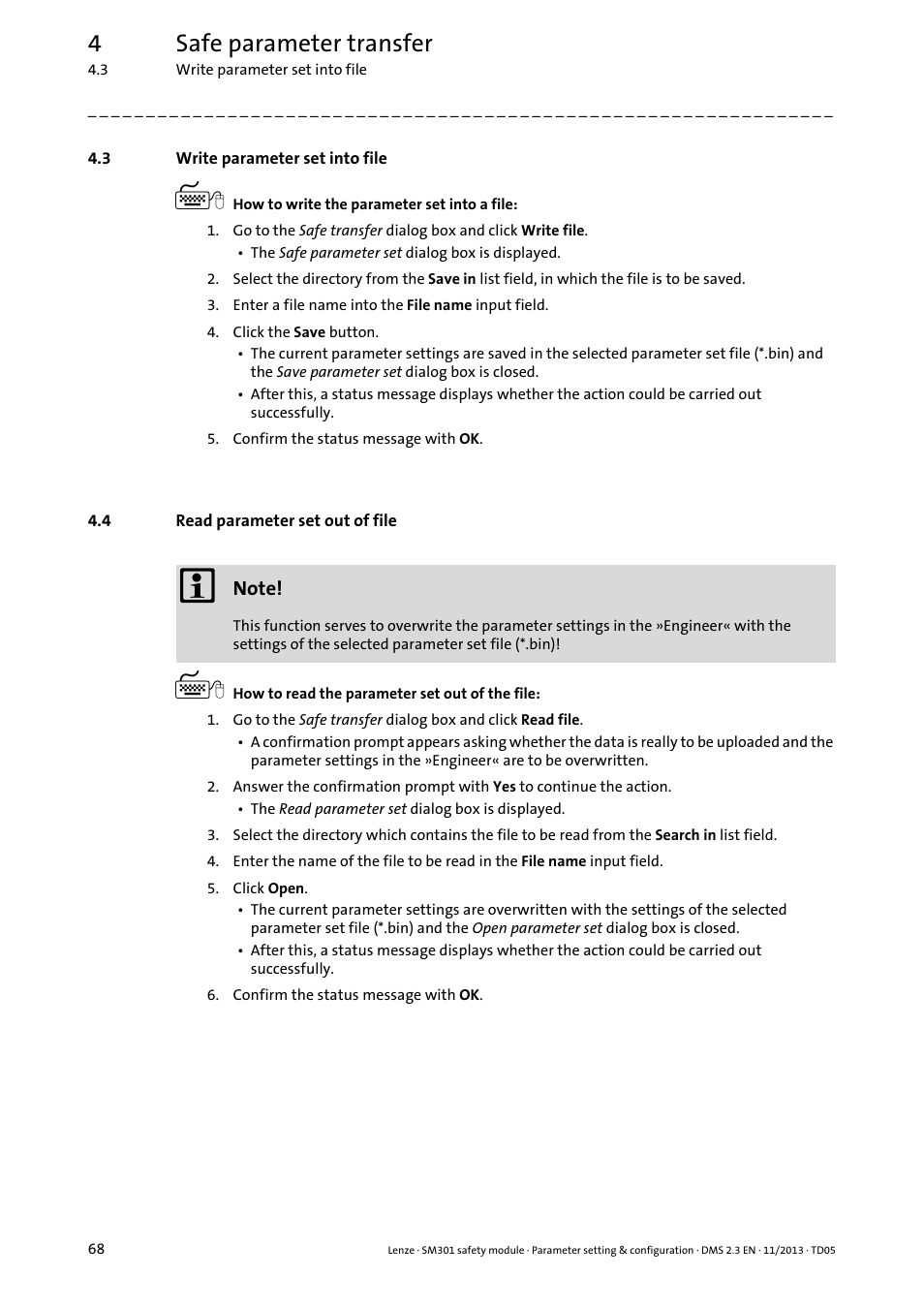 3 write parameter set into file, 4 read parameter set out of file, Write parameter set into file | Read parameter set out of file, 4safe parameter transfer | Lenze E94AYAE SM301 User Manual | Page 68 / 134