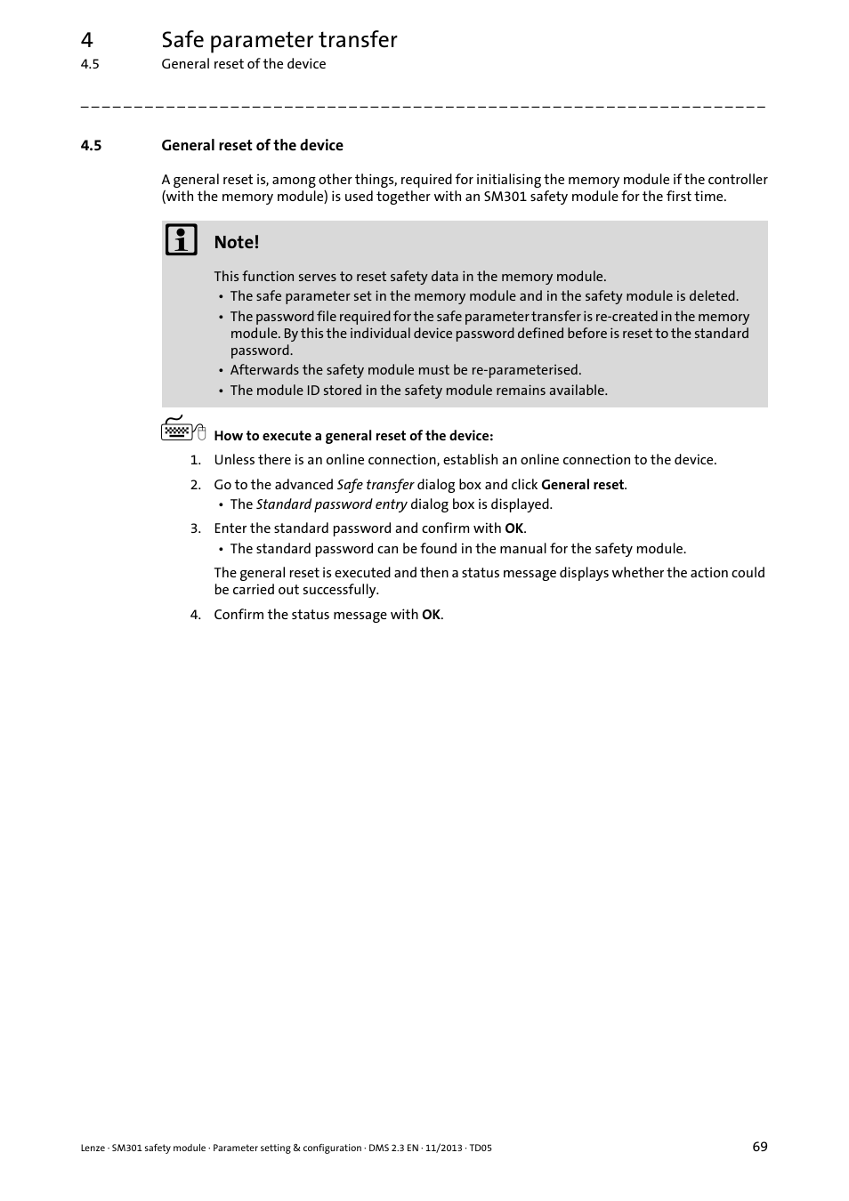 5 general reset of the device, General reset of the device, 4safe parameter transfer | Lenze E94AYAE SM301 User Manual | Page 69 / 134