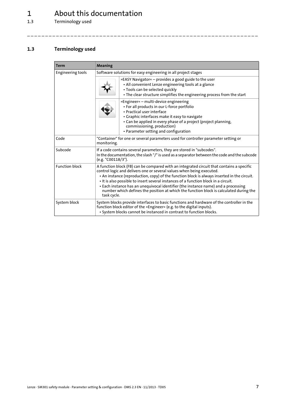 3 terminology used, Terminology used, 1about this documentation | Lenze E94AYAE SM301 User Manual | Page 7 / 134