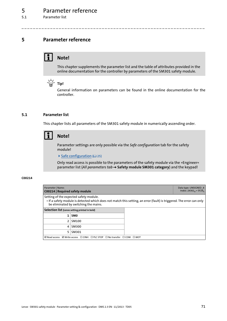 5 parameter reference, 1 parameter list, Parameter reference | Parameter list, C00214, Does not comply to the, 5parameter reference | Lenze E94AYAE SM301 User Manual | Page 71 / 134