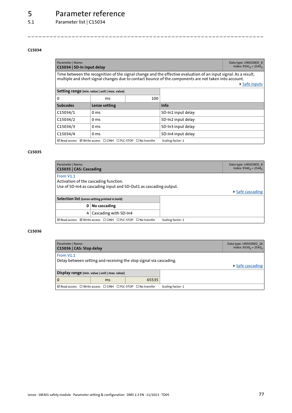 C15034 | sd-in input delay, C15035 | cas: cascading, C15036 | cas: stop delay | C15034/1, 5parameter reference | Lenze E94AYAE SM301 User Manual | Page 77 / 134