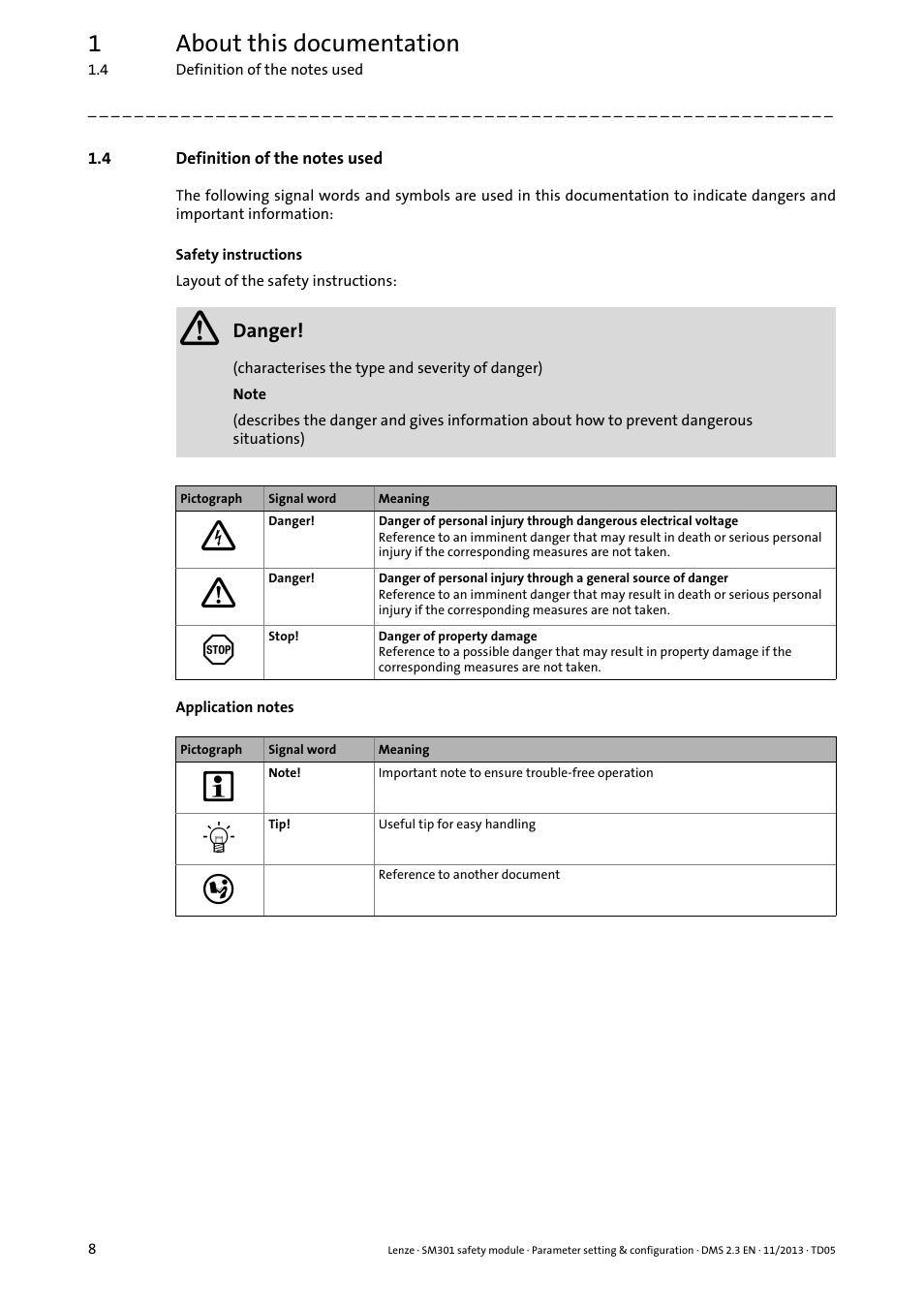 4 definition of the notes used, Definition of the notes used, 1about this documentation | Lenze E94AYAE SM301 User Manual | Page 8 / 134