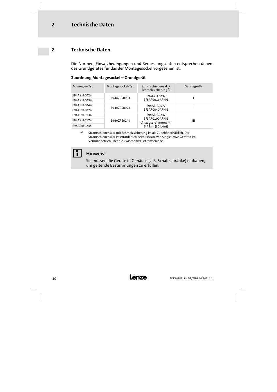 Technische daten, Technische daten 2, 2technische daten | Hinweis | Lenze E94AZPS User Manual | Page 10 / 114
