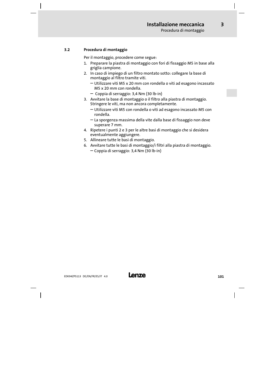 Procedura di montaggio, Installazione meccanica | Lenze E94AZPS User Manual | Page 101 / 114