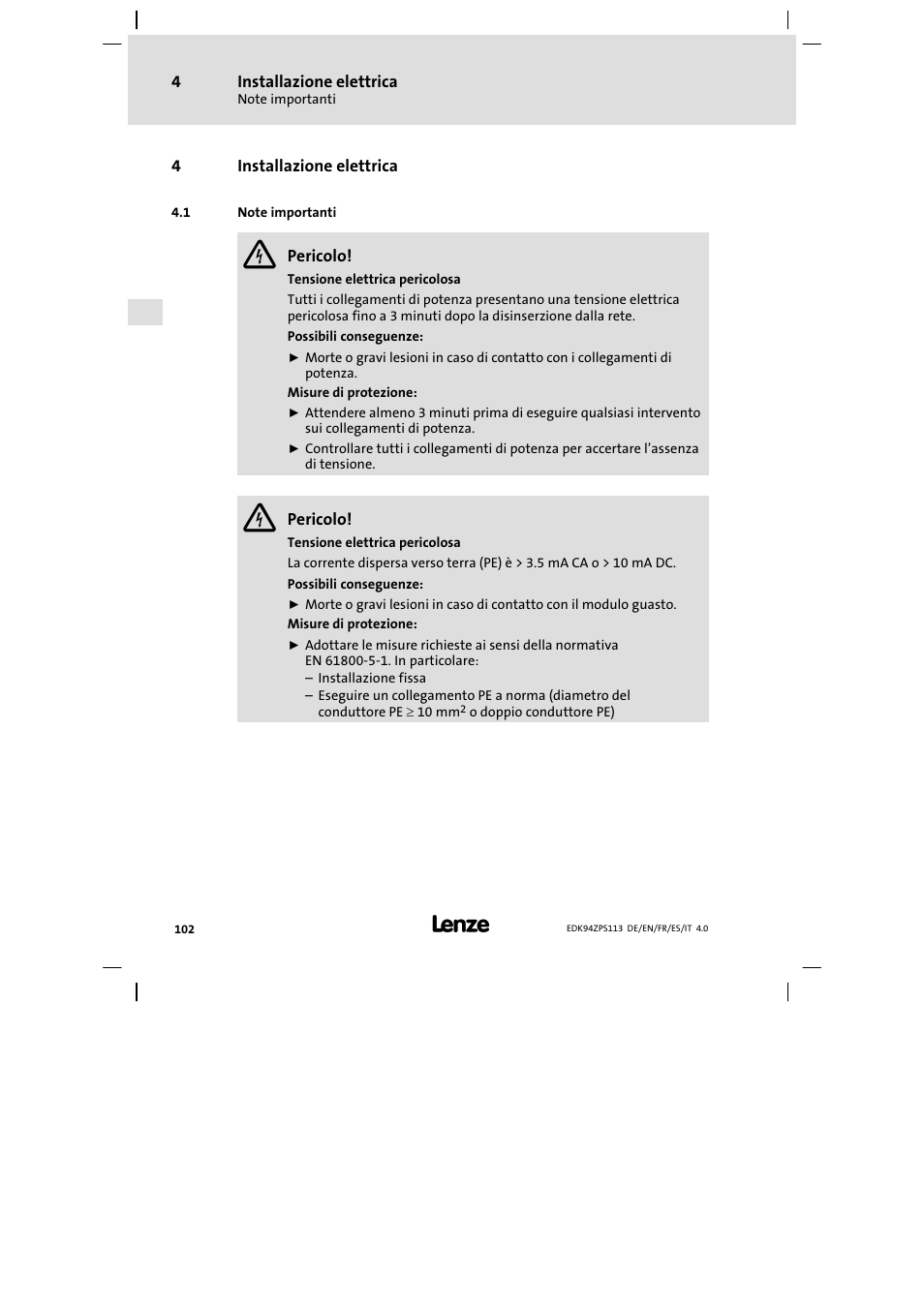 Installazione elettrica, Note importanti | Lenze E94AZPS User Manual | Page 102 / 114