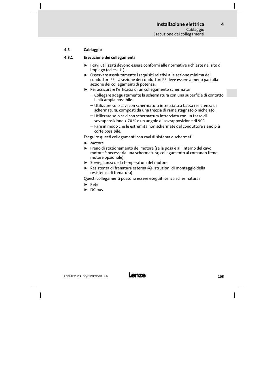 Cablaggio, Esecuzione dei collegamenti | Lenze E94AZPS User Manual | Page 105 / 114