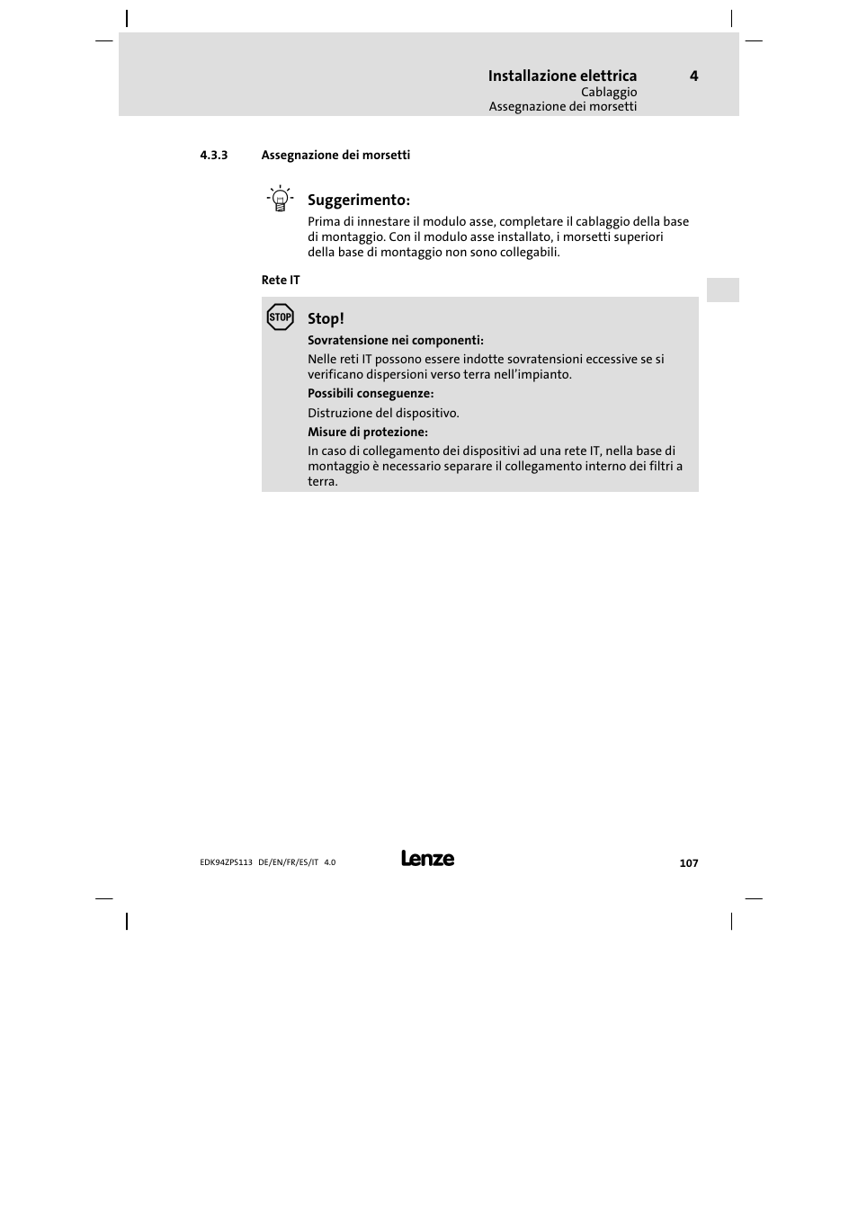 Assegnazione dei morsetti | Lenze E94AZPS User Manual | Page 107 / 114
