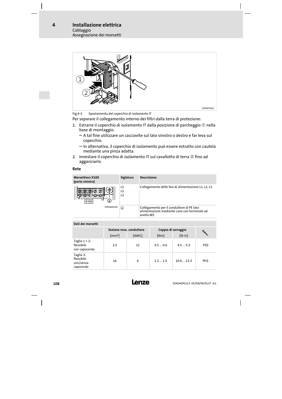 Installazione elettrica | Lenze E94AZPS User Manual | Page 108 / 114