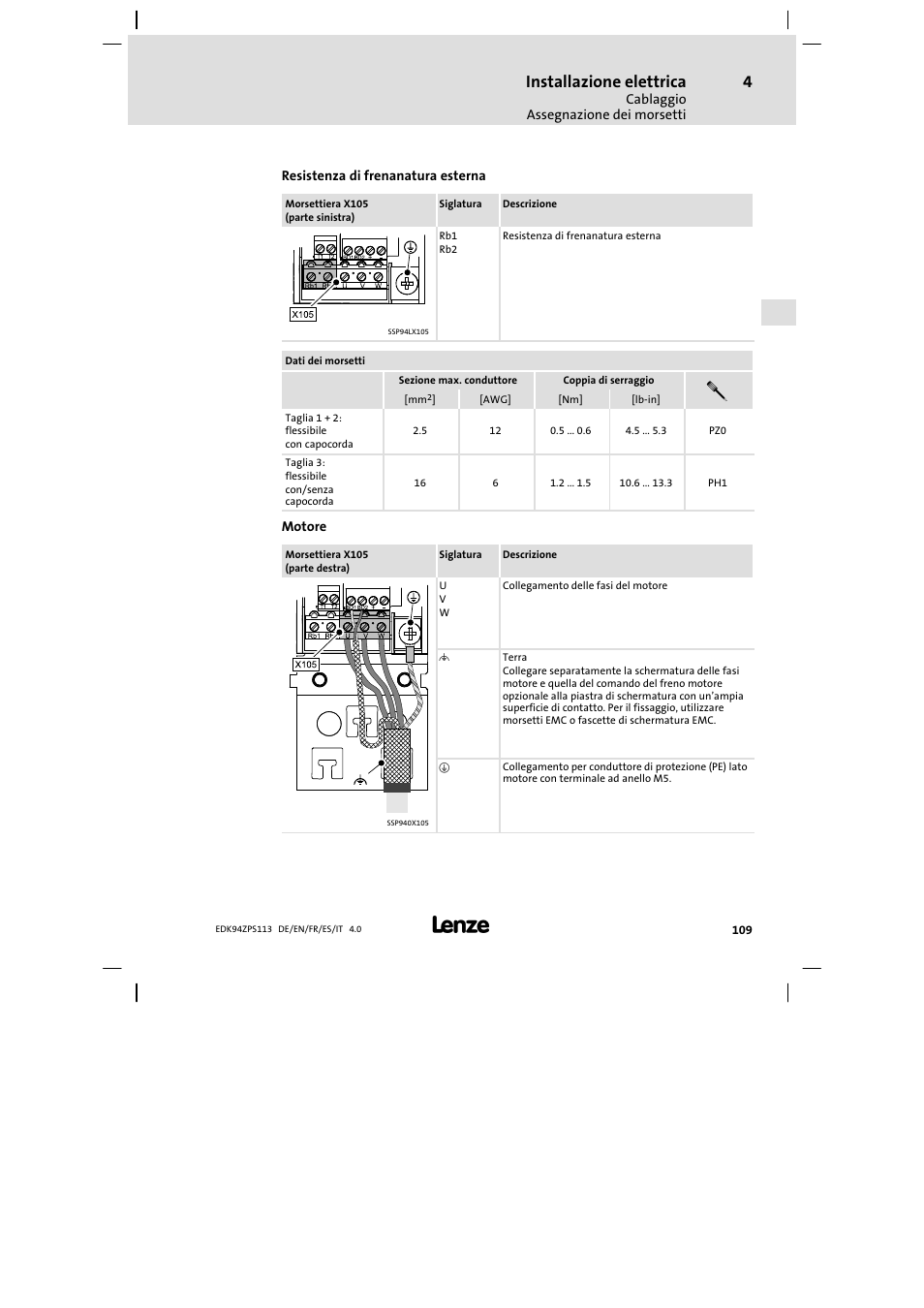 Installazione elettrica | Lenze E94AZPS User Manual | Page 109 / 114