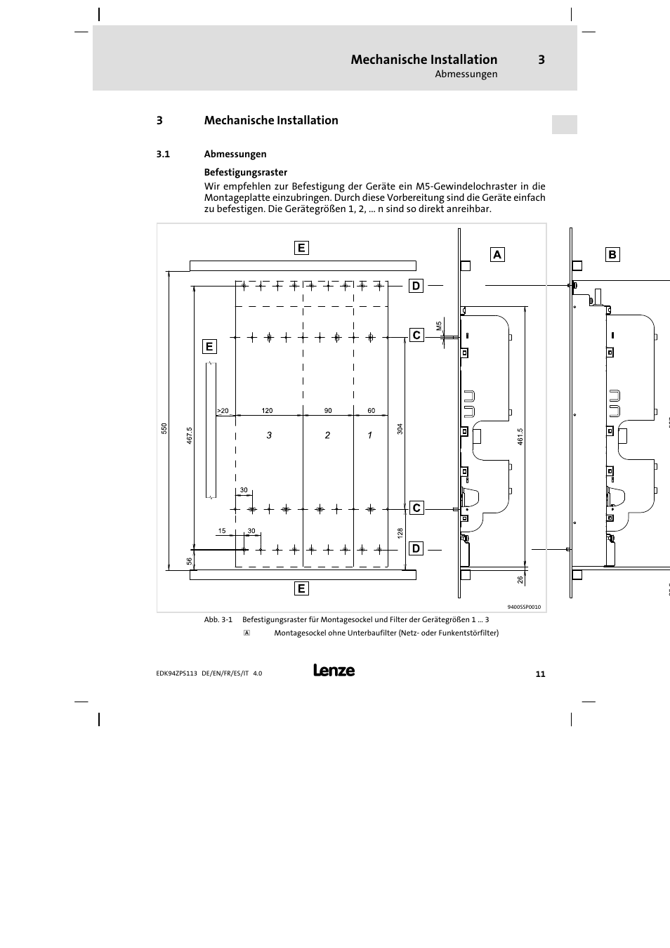 Mechanische installation, Abmessungen | Lenze E94AZPS User Manual | Page 11 / 114