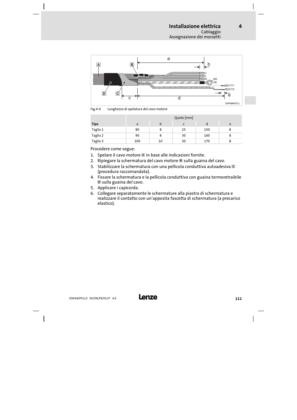 Installazione elettrica | Lenze E94AZPS User Manual | Page 111 / 114