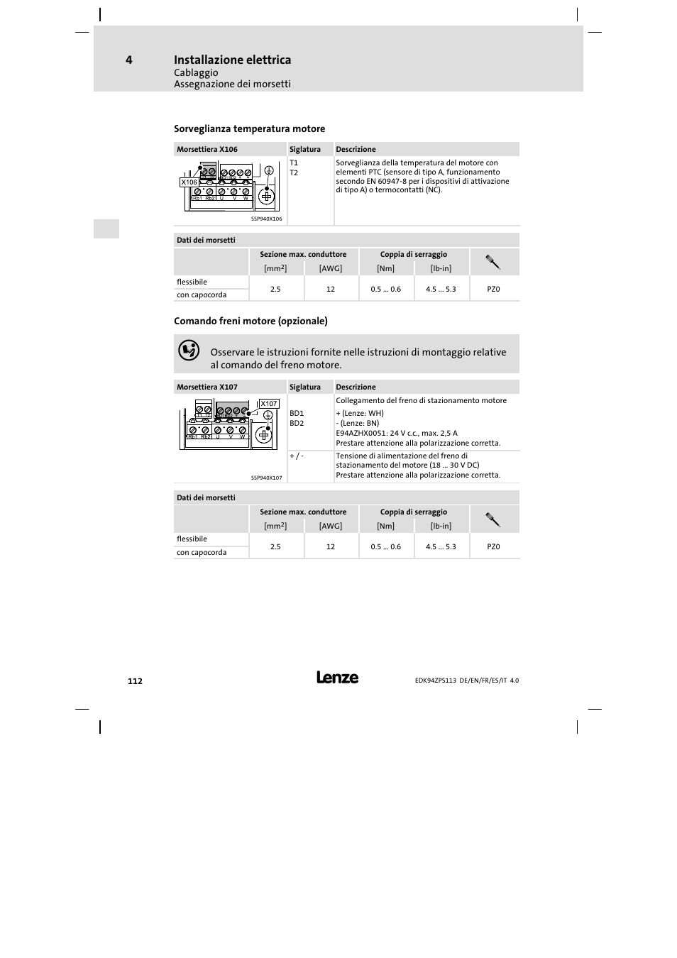Installazione elettrica | Lenze E94AZPS User Manual | Page 112 / 114