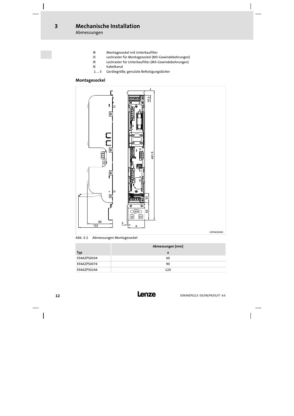 Mechanische installation | Lenze E94AZPS User Manual | Page 12 / 114