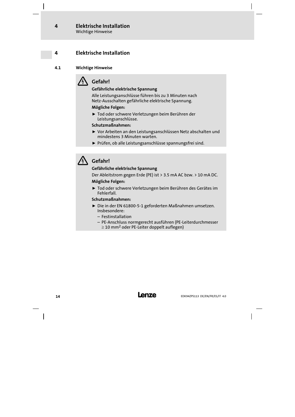 Elektrische installation, Wichtige hinweise | Lenze E94AZPS User Manual | Page 14 / 114