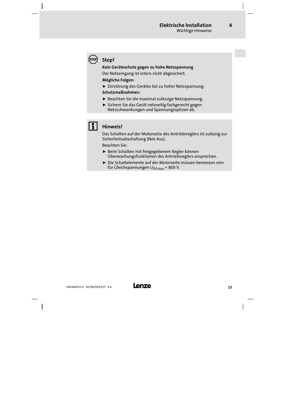 Lenze E94AZPS User Manual | Page 15 / 114