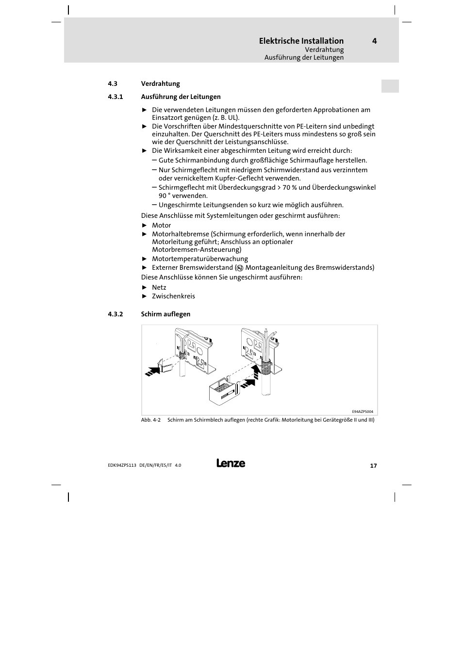 Verdrahtung, Ausführung der leitungen, Schirm auflegen | Lenze E94AZPS User Manual | Page 17 / 114