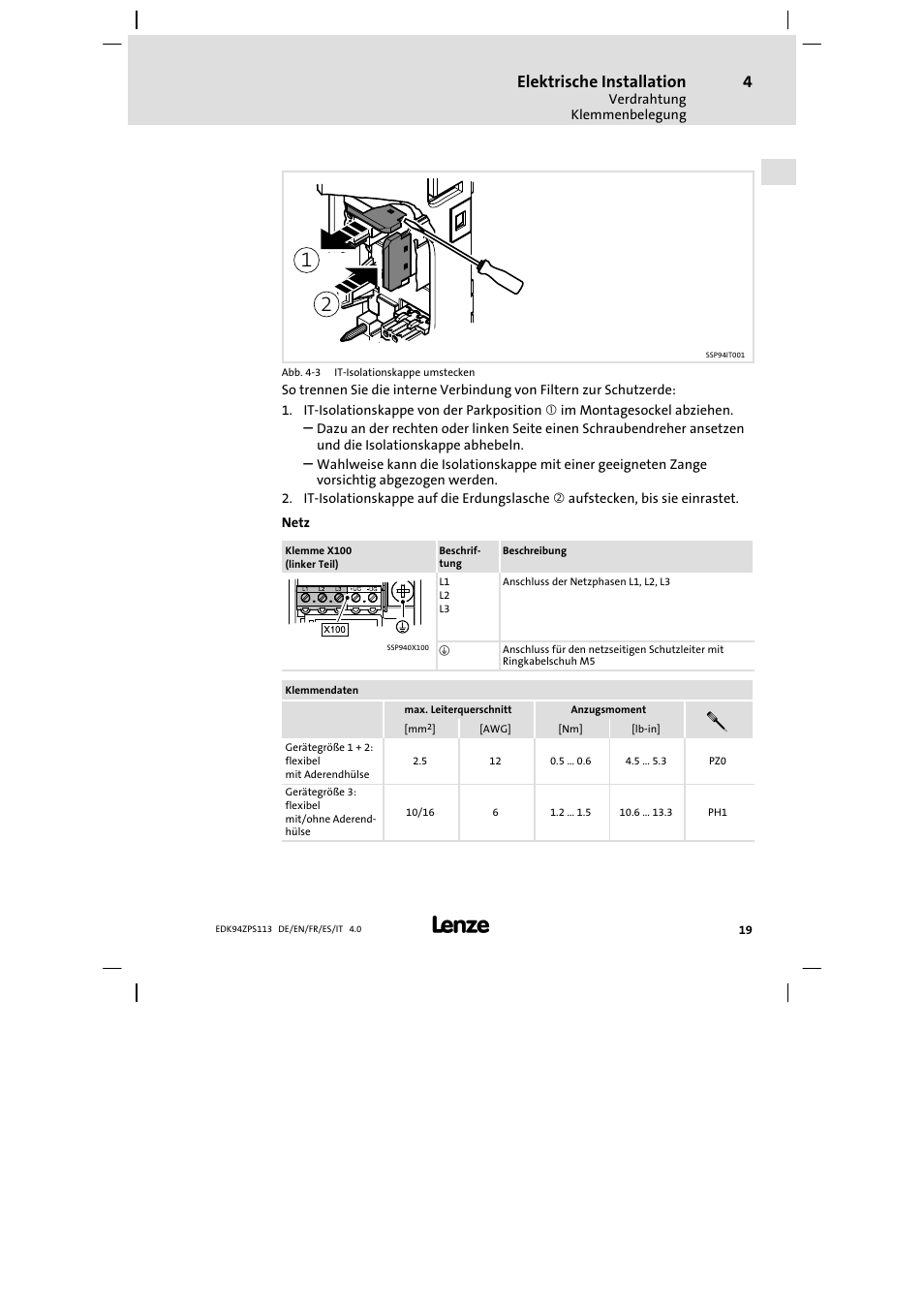 Elektrische installation | Lenze E94AZPS User Manual | Page 19 / 114
