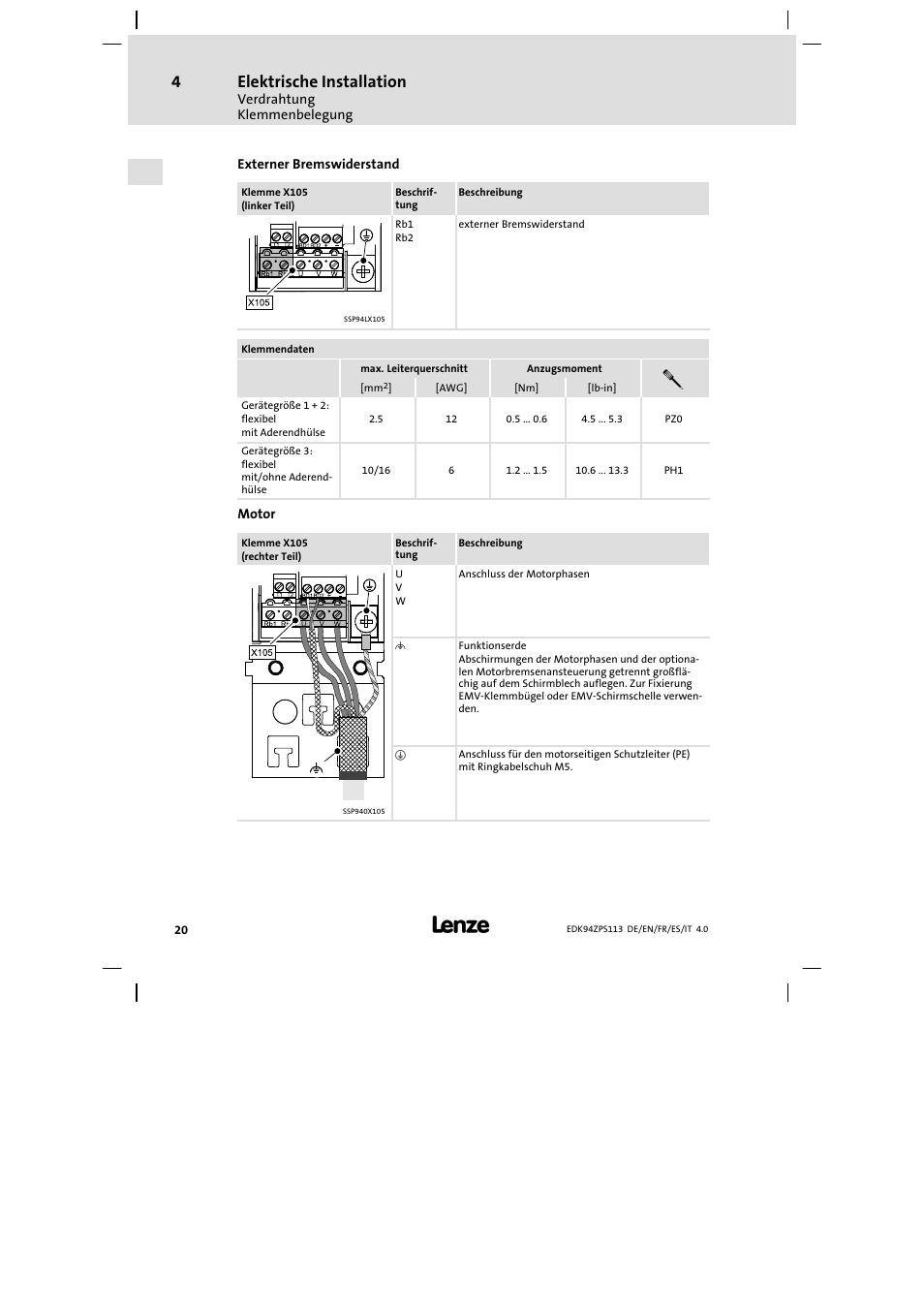 Elektrische installation | Lenze E94AZPS User Manual | Page 20 / 114