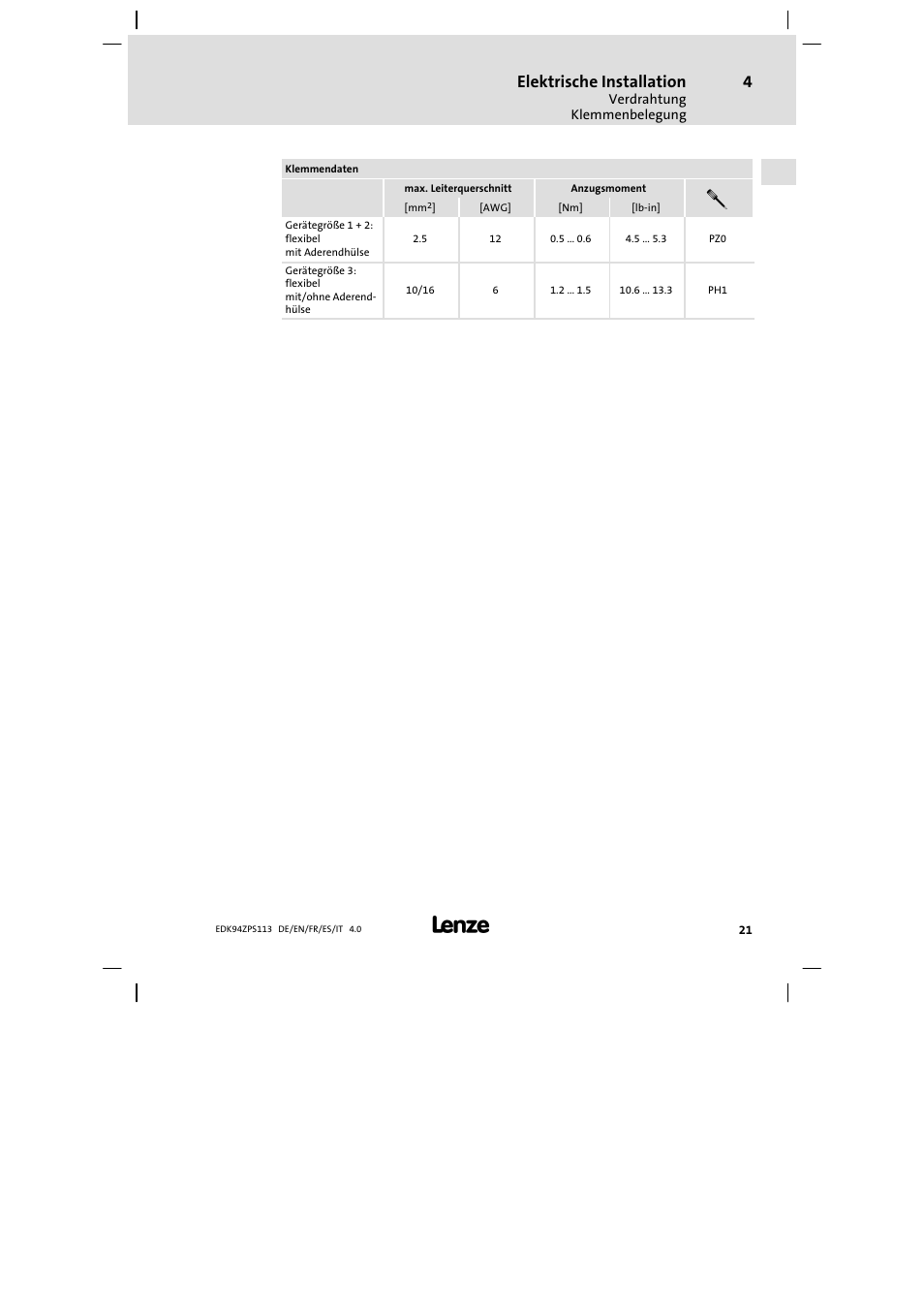 Elektrische installation | Lenze E94AZPS User Manual | Page 21 / 114