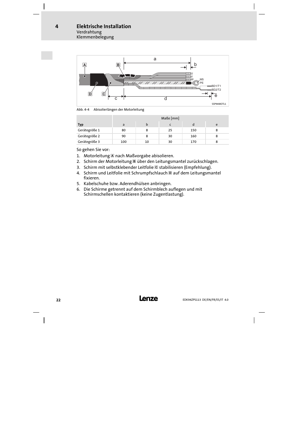 Elektrische installation | Lenze E94AZPS User Manual | Page 22 / 114