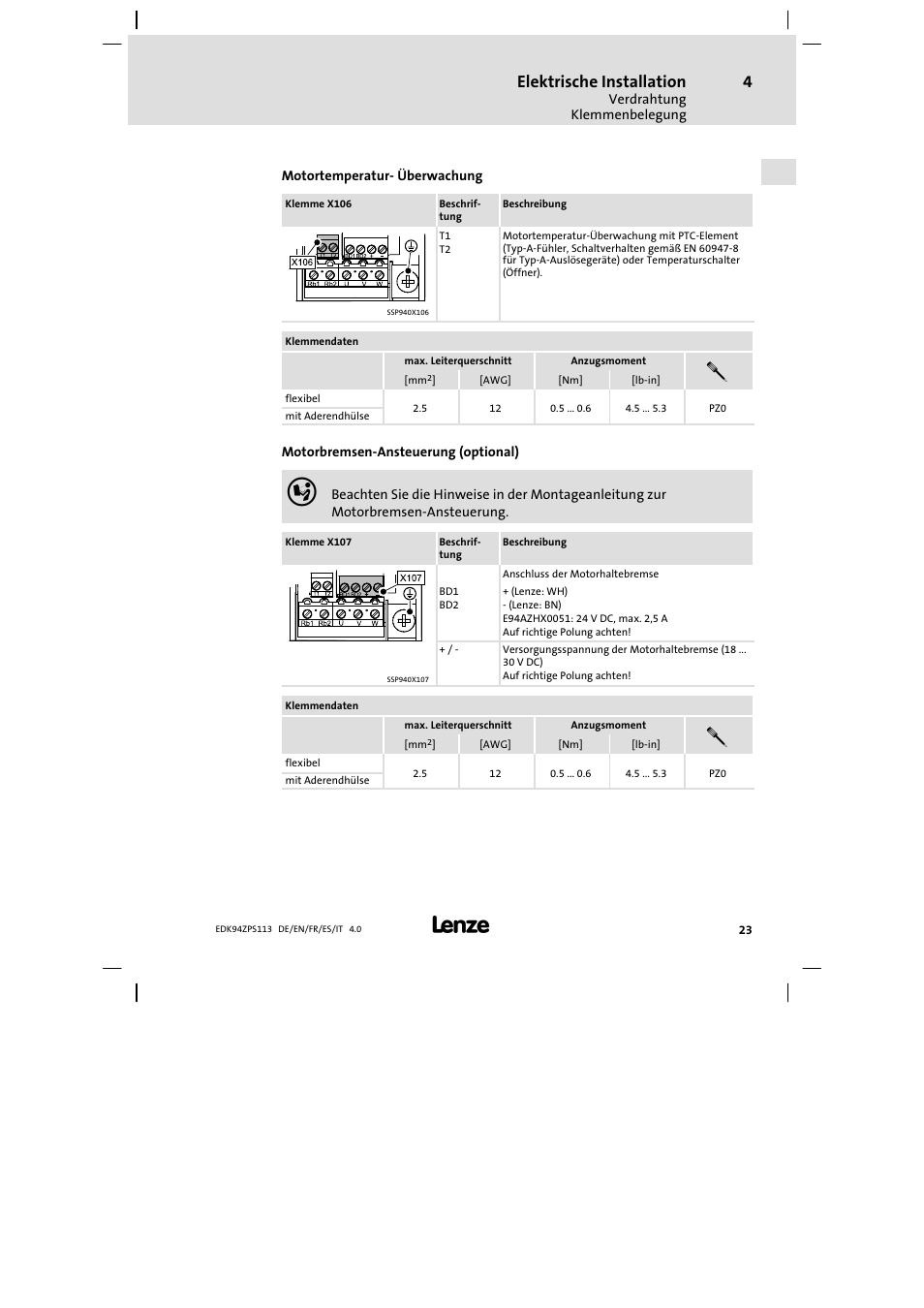 Elektrische installation | Lenze E94AZPS User Manual | Page 23 / 114
