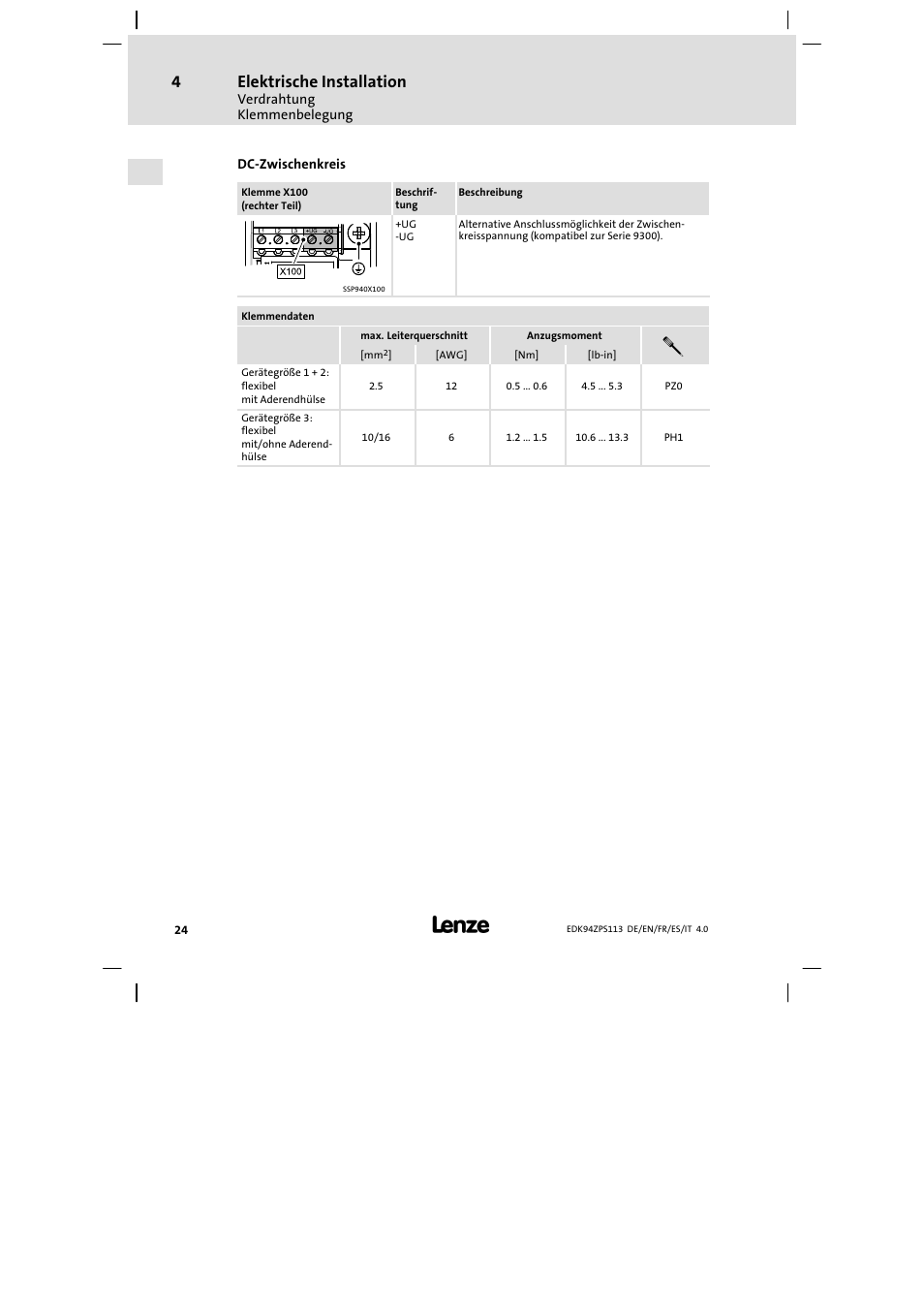Elektrische installation | Lenze E94AZPS User Manual | Page 24 / 114