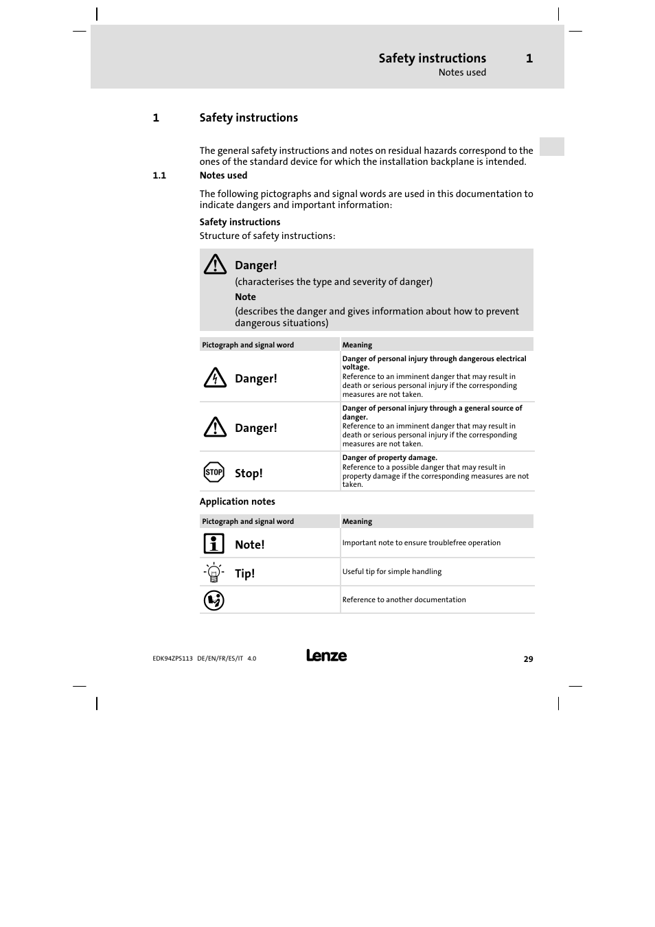 Safety instructions, Notes used | Lenze E94AZPS User Manual | Page 29 / 114