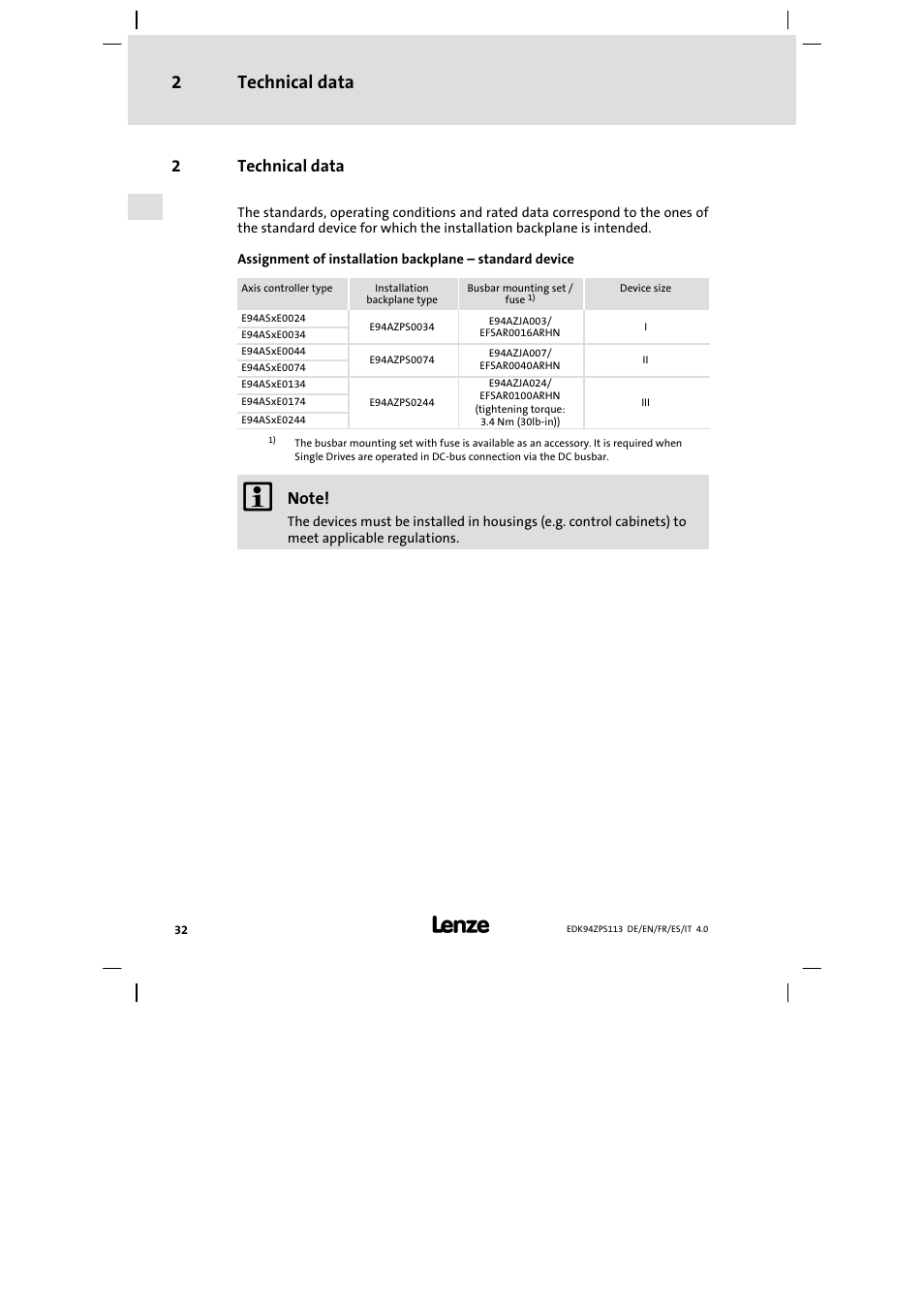 Technical data, Technical data 2, 2technical data | Lenze E94AZPS User Manual | Page 32 / 114