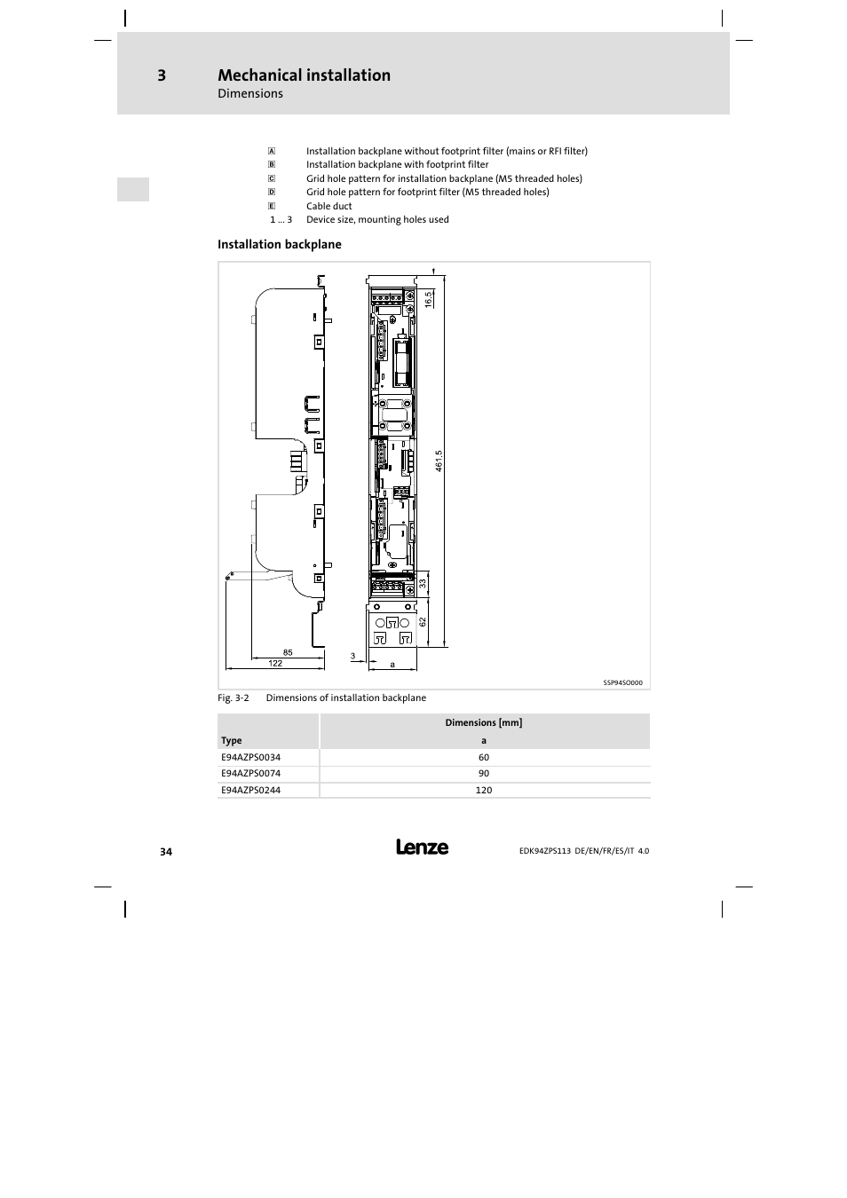 Mechanical installation | Lenze E94AZPS User Manual | Page 34 / 114