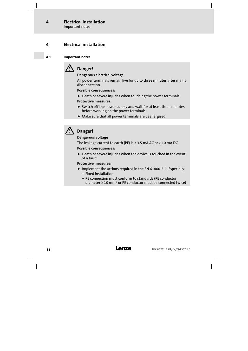 Electrical installation, Important notes | Lenze E94AZPS User Manual | Page 36 / 114