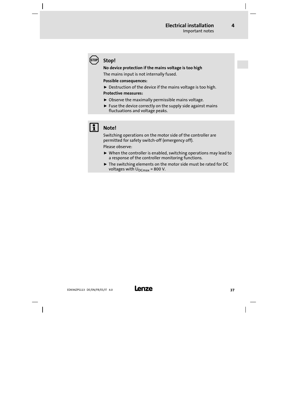 Lenze E94AZPS User Manual | Page 37 / 114