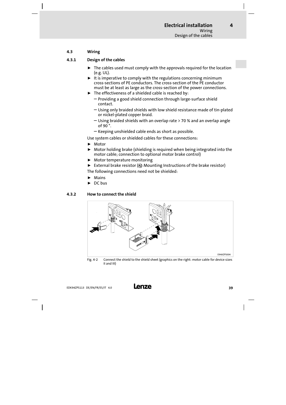 Wiring, Design of the cables, How to connect the shield | Lenze E94AZPS User Manual | Page 39 / 114