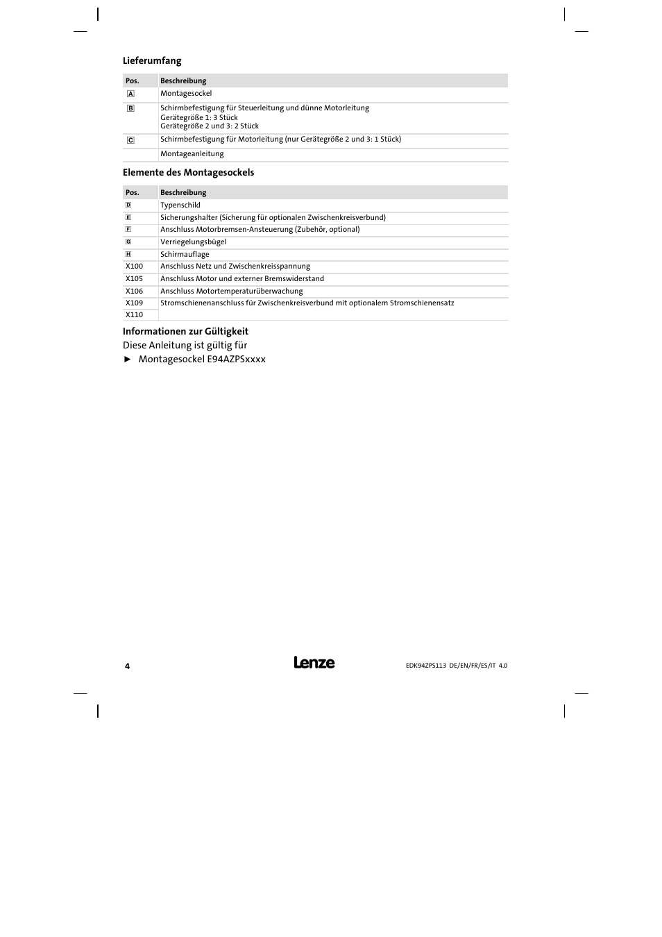Lieferumfang | Lenze E94AZPS User Manual | Page 4 / 114