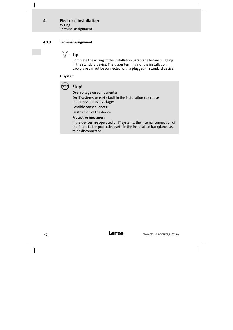 Terminal assignment | Lenze E94AZPS User Manual | Page 40 / 114