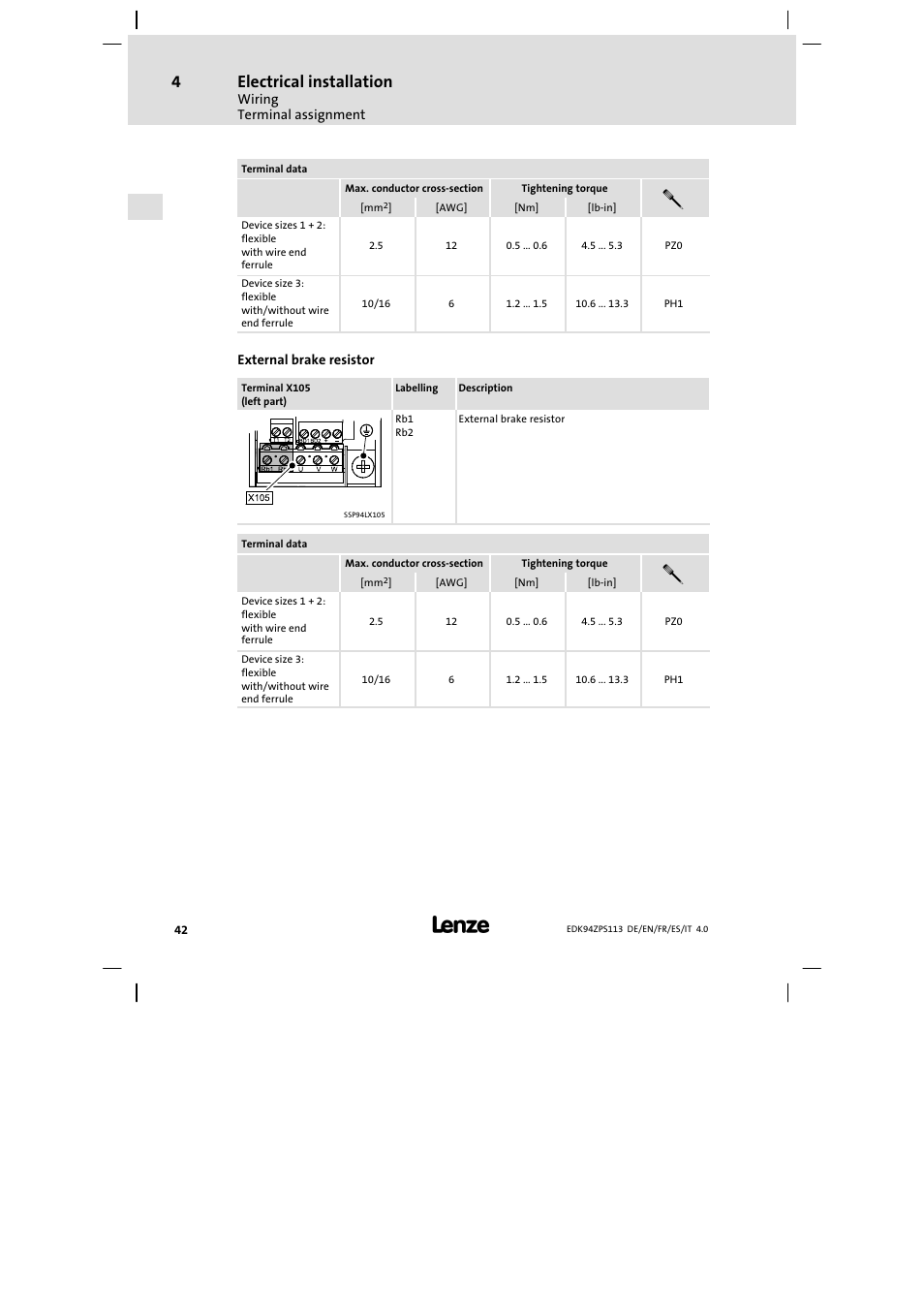 Electrical installation | Lenze E94AZPS User Manual | Page 42 / 114