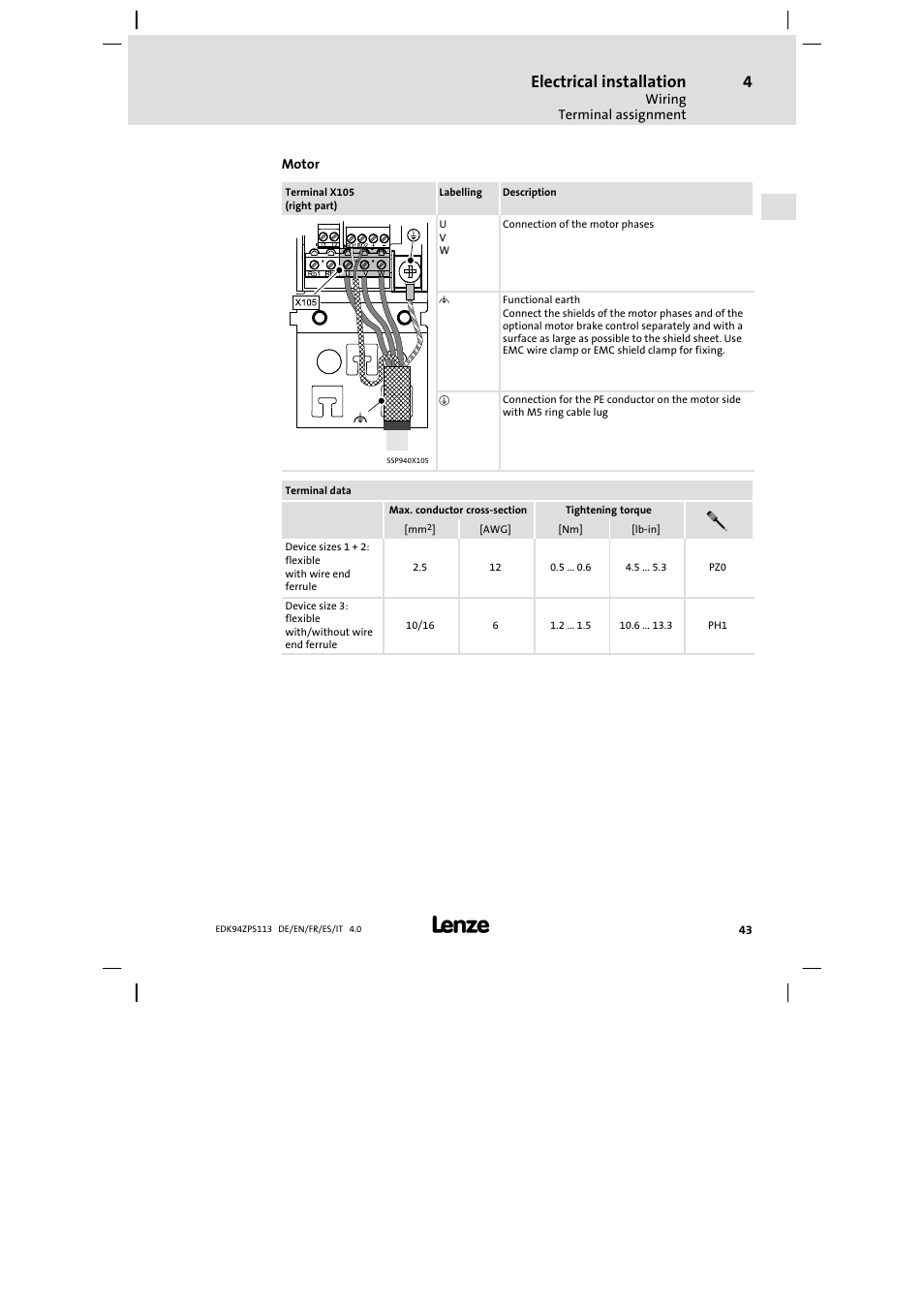 Electrical installation | Lenze E94AZPS User Manual | Page 43 / 114