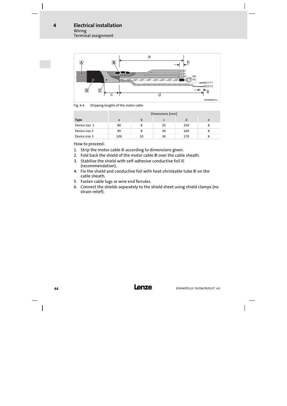 Electrical installation | Lenze E94AZPS User Manual | Page 44 / 114