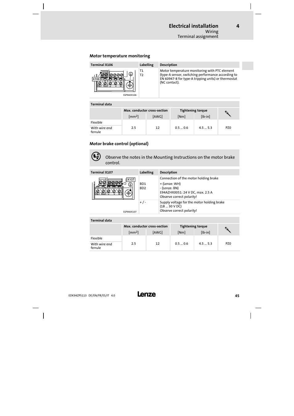 Electrical installation | Lenze E94AZPS User Manual | Page 45 / 114