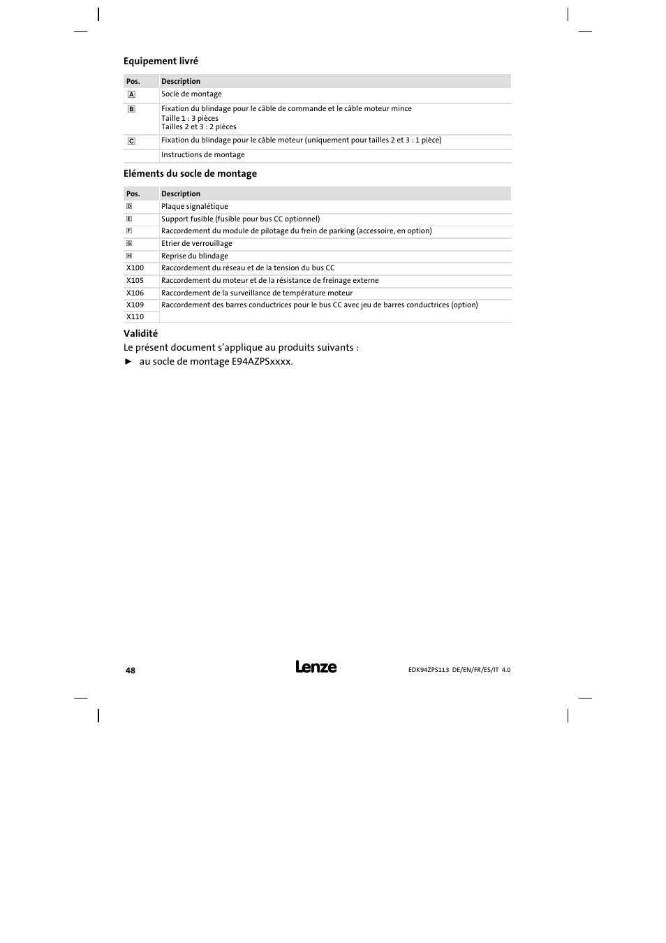 Equipement livré | Lenze E94AZPS User Manual | Page 48 / 114