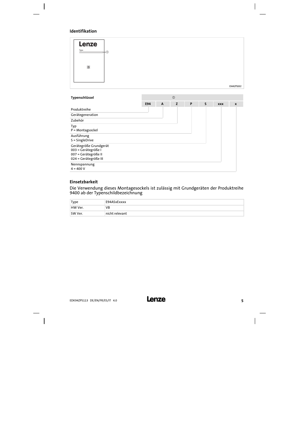 Identifikation, Lenze | Lenze E94AZPS User Manual | Page 5 / 114